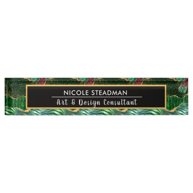 Green Safari Jungle Animal Print Agate Nameplate (Front)