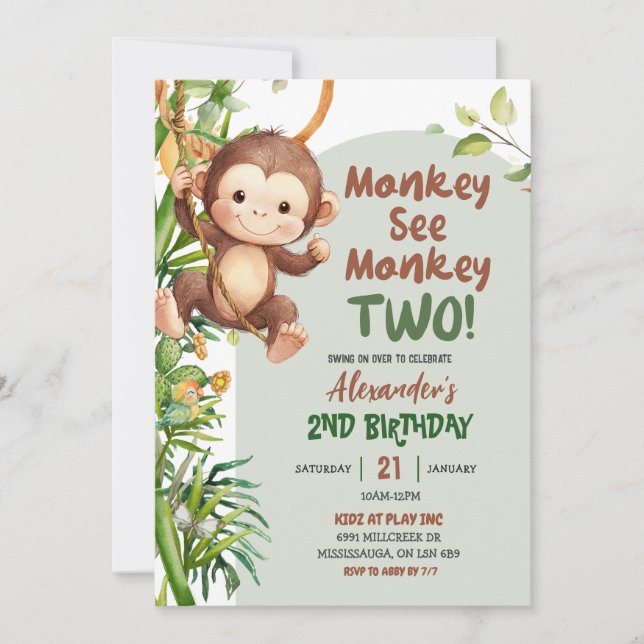 Green Safari Monkey See Monkey Two 2nd Birthday Invitation (Front)