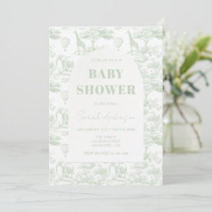 Green Safari Toile D Jouy Jungle Theme Baby Shower Invitation