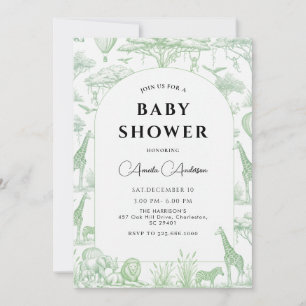 Green Safari Toile De Jouy Boy Baby Shower  Invitation