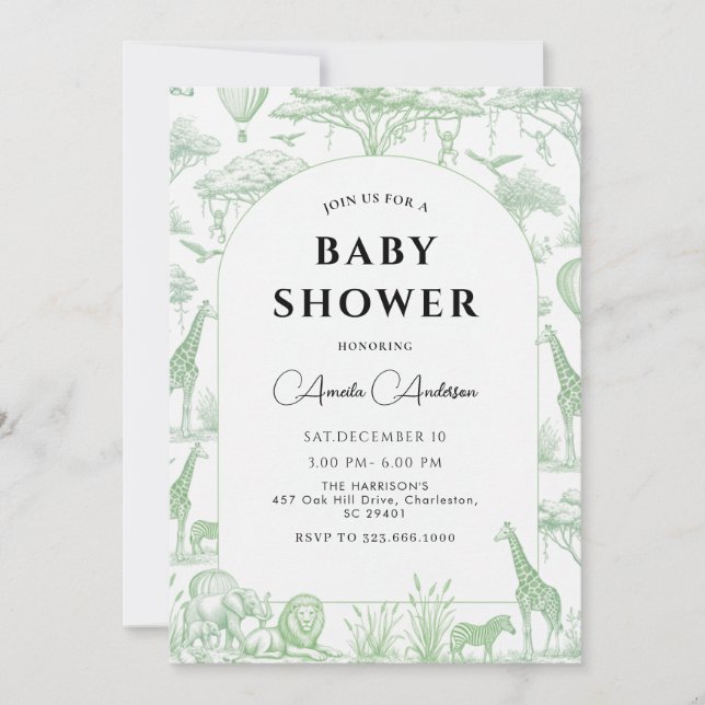 Green Safari Toile De Jouy Boy Baby Shower  Invitation (Front)