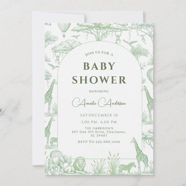 Green Safari Toile De Jouy Boy Baby Shower  Invitation (Front)