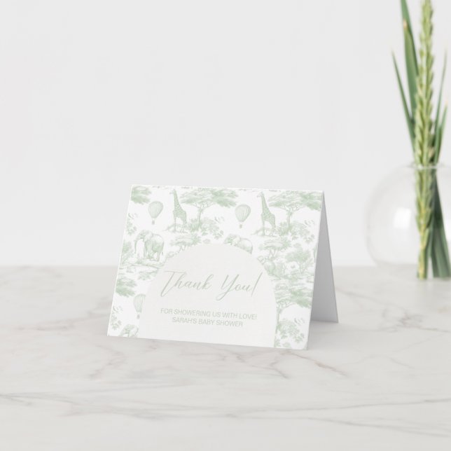 Green Safari Toile Jouy Baby Shower Thank You Note Card (Front)