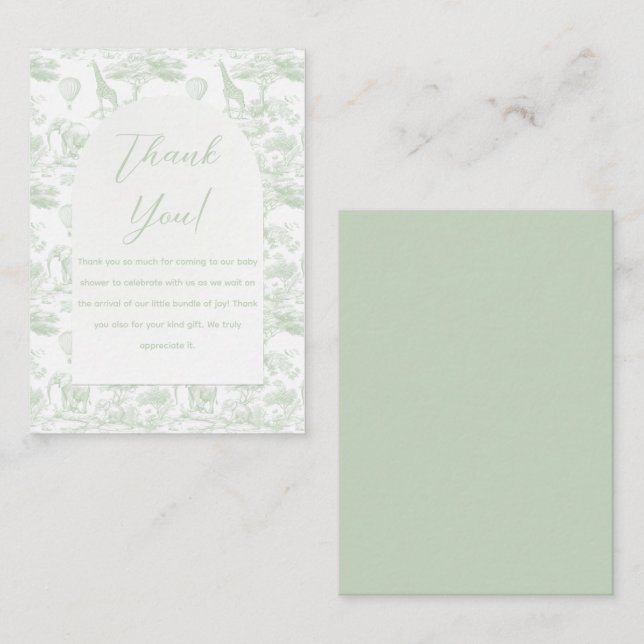 Green Safari Toile Jungle Baby Shower Thank You Card (Front/Back)