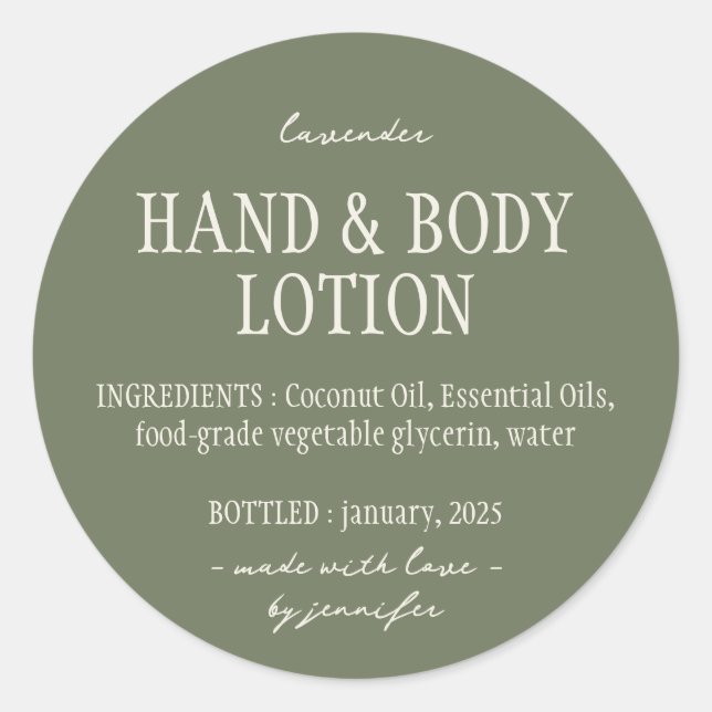 Green Sage Bottle Hand Body Lotion Ingredients Classic Round Sticker (Front)