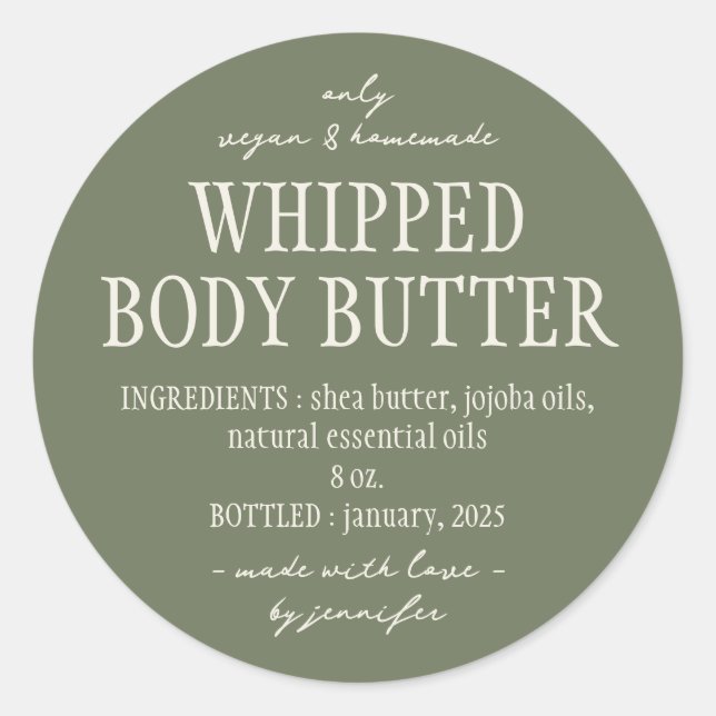 Green Sage Bottle Whipped Body Butter Ingredients Classic Round Sticker (Front)