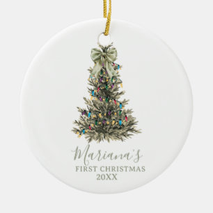 Green Sage Bow Pine Trees First Christmas Ceramic Tree Decoration