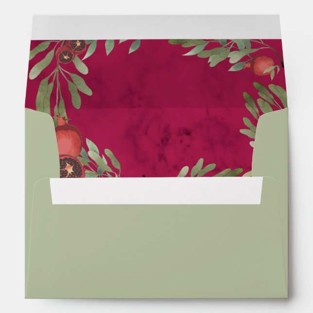 Green Sage  Burgundy Pomegranate Wedding envelope (Back (Bottom))