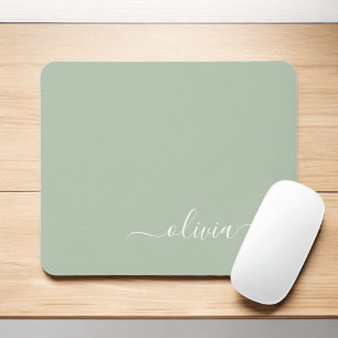 Green Sage Girly Script Monogram Name Modern Mouse Mat