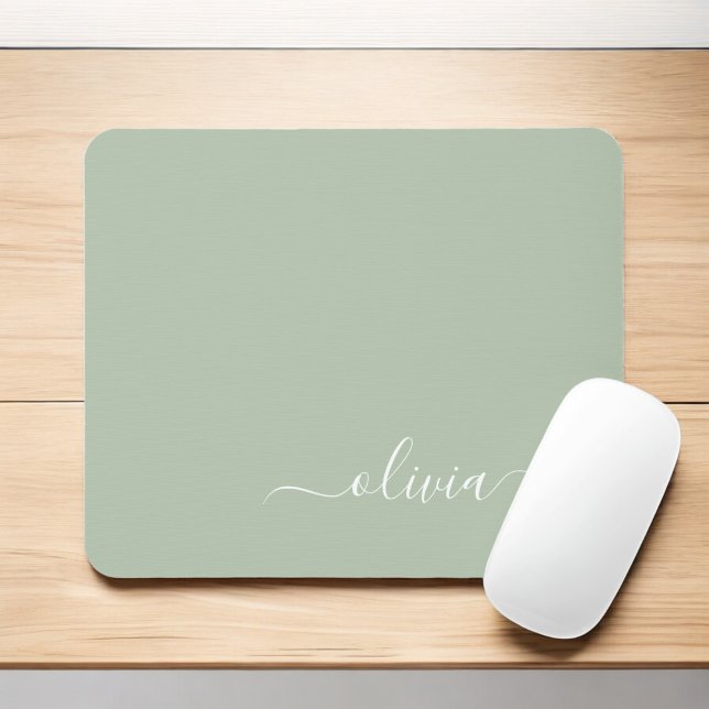 Green Sage Girly Script Monogram Name Modern Mouse Mat (Creator Uploaded)