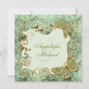 Green sage gold country wedding invitation