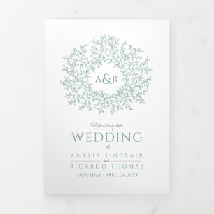 Green sage leaf monogram art photo wedding program Tri-Fold programme