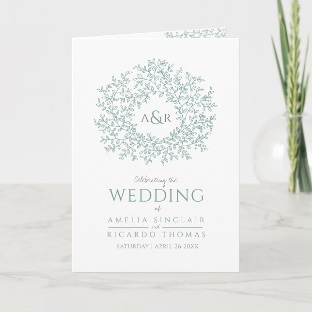 Green sage leaf monogram art wedding program programme (Front)
