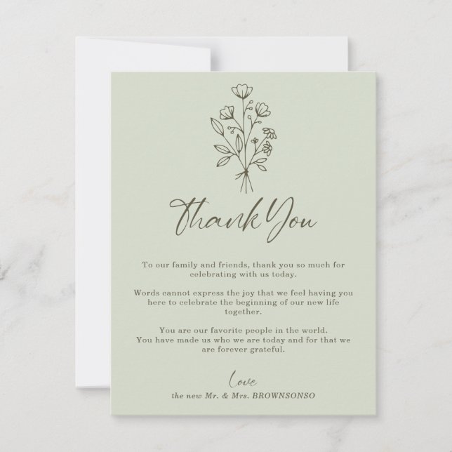 Green Sage Soft Bouquet Fall Boho Botanical Thank You Card (Front)