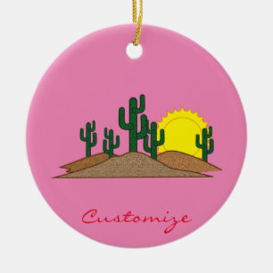 Green Saguaro Cactus Desert Sunrise Ceramic Tree Decoration