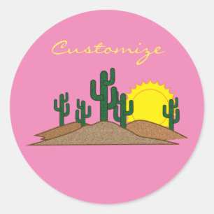 Green Saguaro Cactus Desert Sunrise Classic Round Sticker