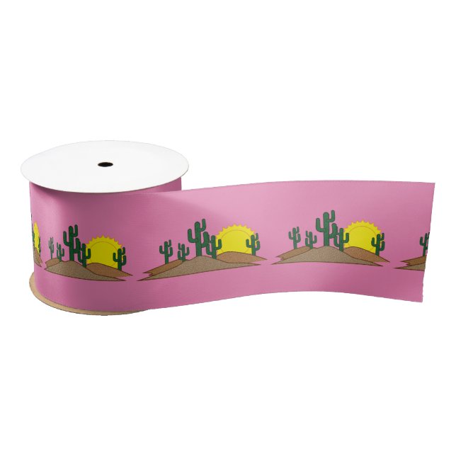 Green Saguaro Cactus Desert Sunset Thunder_Cove Satin Ribbon (Spool)