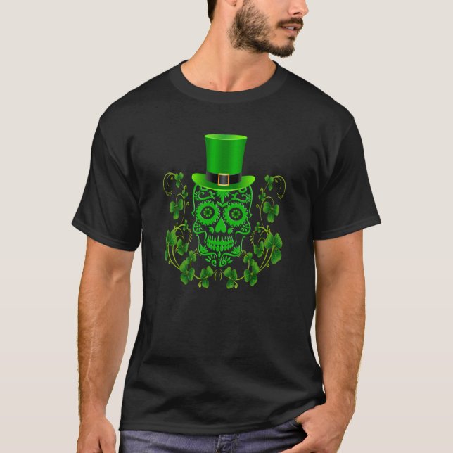 Green Saint Patricks Day Sugar Skull T-Shirt (Front)