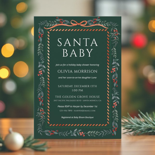 Green Santa Baby Bow Christmas Baby Shower Invitation (Creator Uploaded)