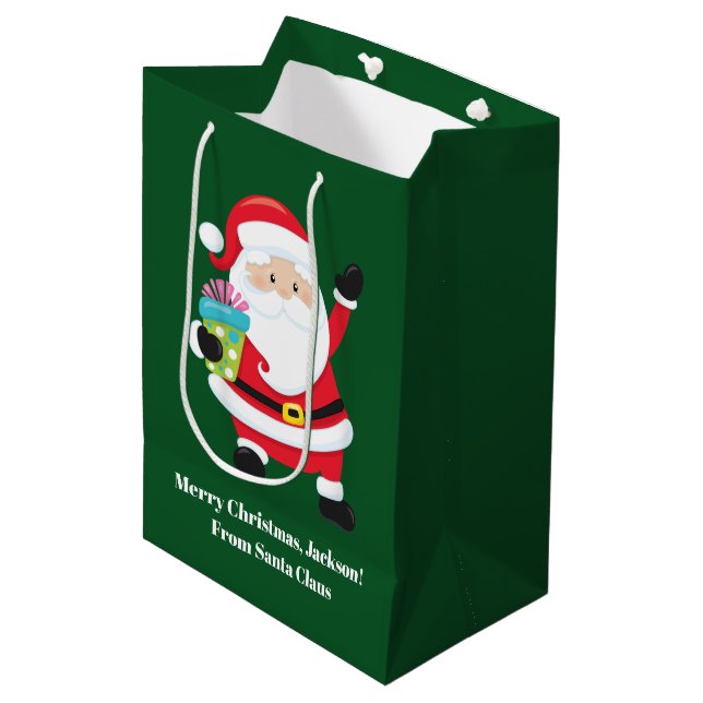 Green Santa Claus Customised Kids Christmas Medium Gift Bag (Front Angled)