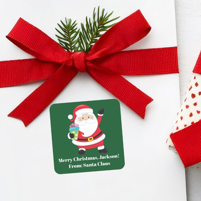 Green Santa Claus Customised Kids Christmas Square Sticker (Creator Uploaded)