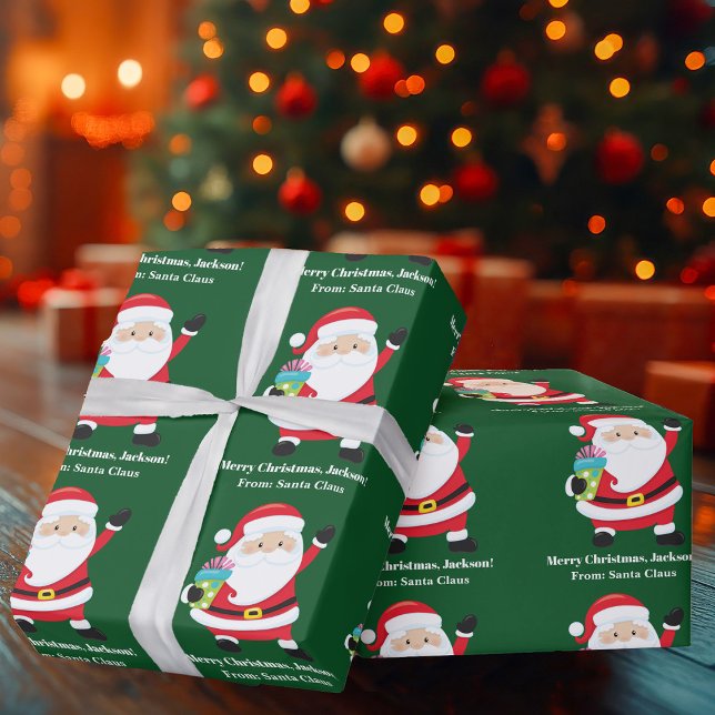 Green Santa Claus Customised Kids Christmas Wrapping Paper (Creator Uploaded)