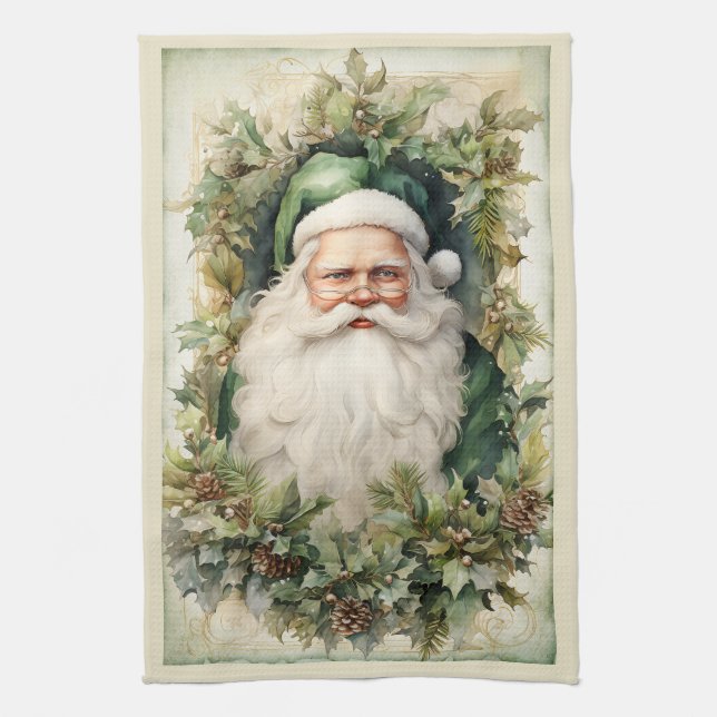 Green Santa Claus Framed in Christmas Foliage Tea Towel (Vertical)