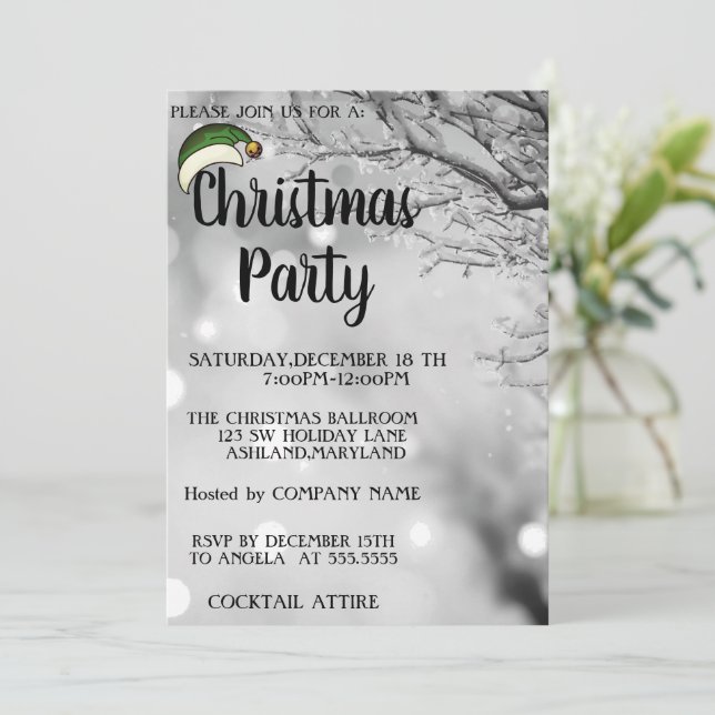 Green Santa Hat, Snow Tree Christmas Invitation (Standing Front)