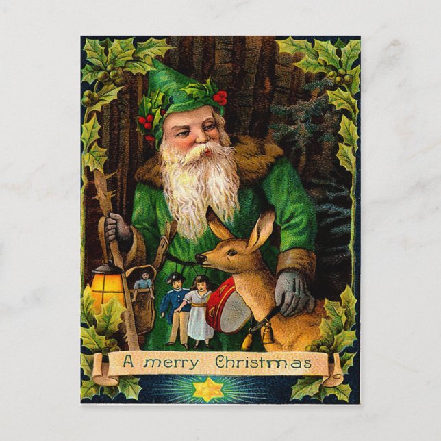 Green Santa in a forest with a deer Holiday Postcard (Front)