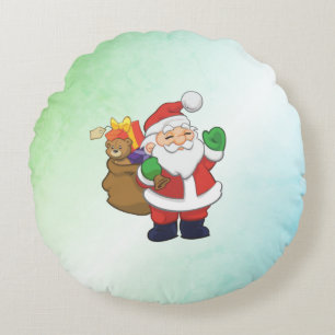 Green Santa With Toys Round Cushion