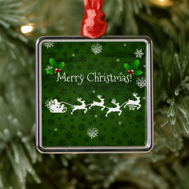 Green Santa's Sleigh and Reindeer Ceramic Ornament (Tree)