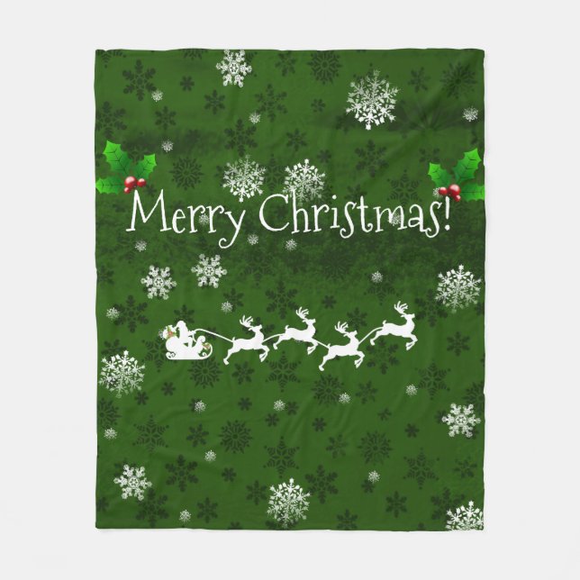 Green Santa's Sleigh and Reindeer Fleece Blanket (Front)