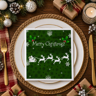Green Santa's Sleigh and Reindeer Paper Napkin