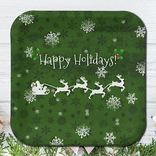 Green Santa's Sleigh and Reindeer Paper Plate (Green Santas Sleigh and Reindeer Christmas Paper Plates)