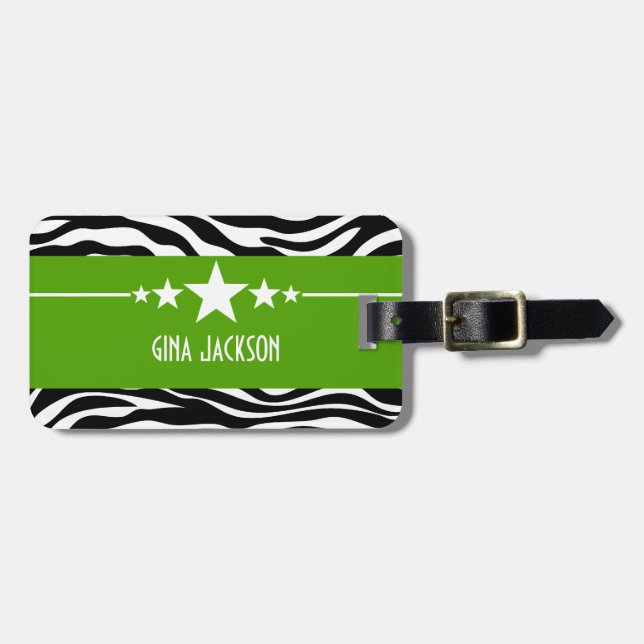 Green Sassy Star Zebra Luggage Tag (Front Horizontal)