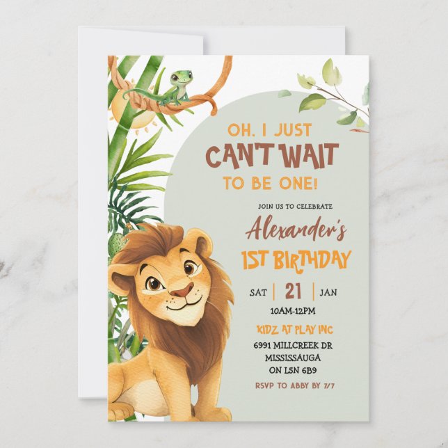 Green Savannah Lion Theme First Birthday Invitation (Front)