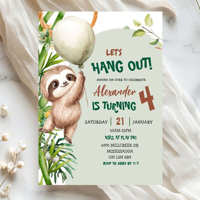 Green Savannah Sloth Let's Hang Out Birthday Invitation (Creator Uploaded)