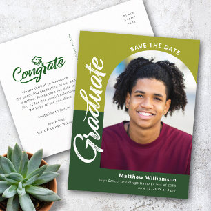 Green Save Date Graduation Photo Bold Arch Script Invitation Postcard