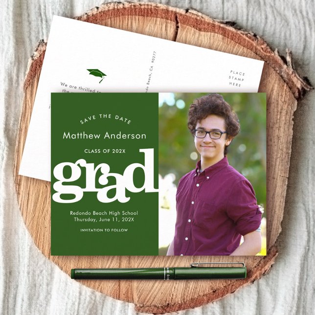 Green save date graduation photo bold typography invitation postcard (Creator Uploaded)