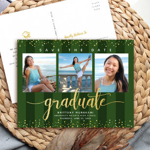 Green save the date graduation photo gold glitter invitation postcard