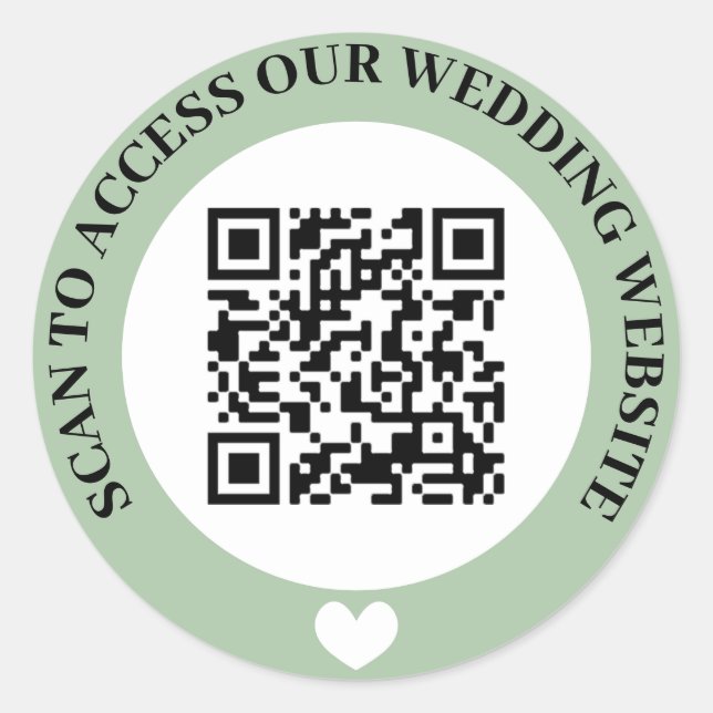 Green Scan To Access Wedding Website Heart QR Code Classic Round Sticker (Front)