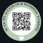 Green Scan To Access Wedding Website Heart QR Code Classic Round Sticker<br><div class="desc">Wedding website QR code sticker in black,  sage green,  and white with curved text and a white heart. Cute black,  green and white wedding QR code sticker.</div>