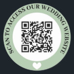 Green Scan To Access Wedding Website Heart QR Code Classic Round Sticker<br><div class="desc">Wedding website QR code sticker in black,  sage green,  and white with curved text and a white heart. Cute black,  green and white wedding QR code sticker.</div>