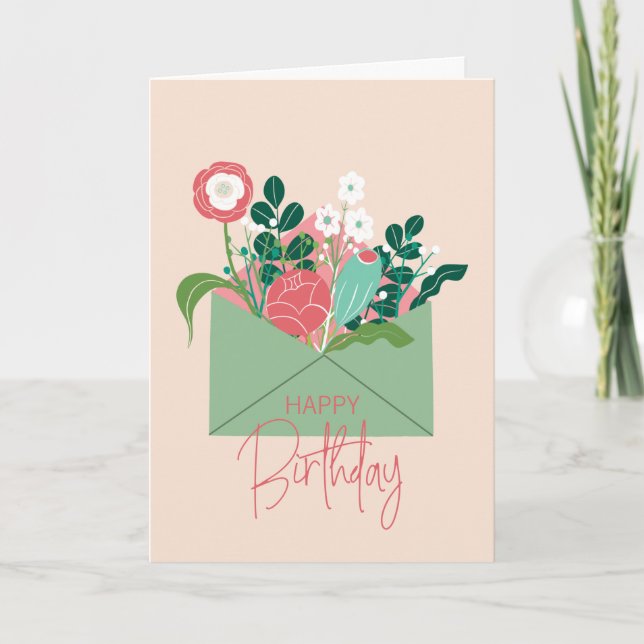 Green Scandinavian Floral Birthday Card (Front)