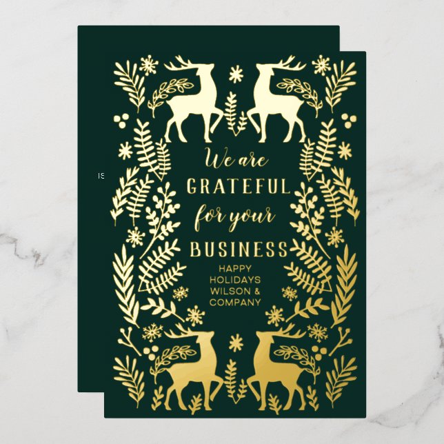 Green Scandinavian Nordic Reindeer Business  Foil Holiday Card (Front/Back)