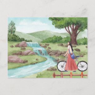 Green Scenery girl with bicycle Watercolor Postcard
