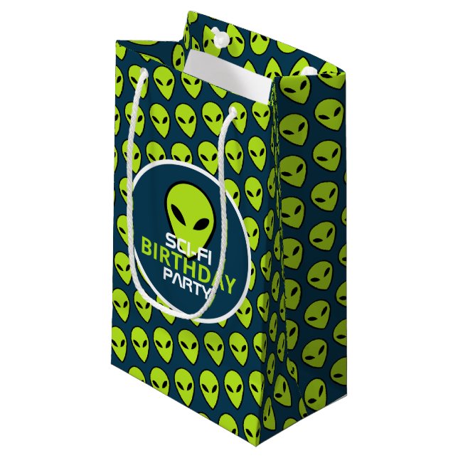 Green Sci-fi Alien, Birthday Small Gift Bag (Front Angled)