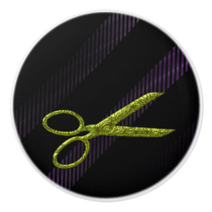 Green Scissors Purple & Black Modern Chic Salon Ceramic Knob