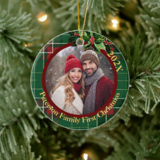 Green Scottish Plaid | Our First Christmas Photo Ceramic Tree Decoration