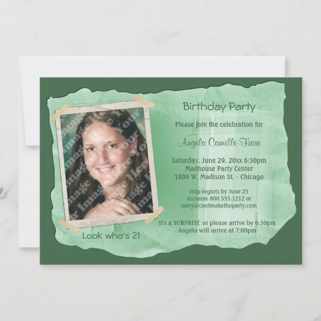 Green Scrapbook Photo Surprise Party Invite (Front)